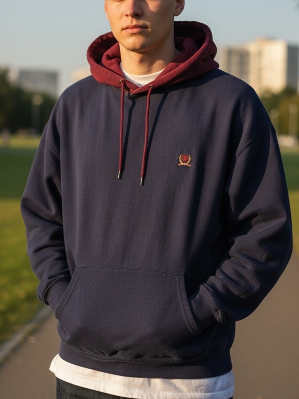 Vintage Tommy Hilfiger Crest Hoodie Rugby Striped Hood Colorblock Distressed L - Picture 3 of 12